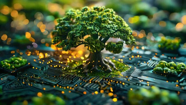 Green natural eco-friendly tree and computer technology on an abstract high-tech futuristic background of microchips and computer circuit boards with transistors