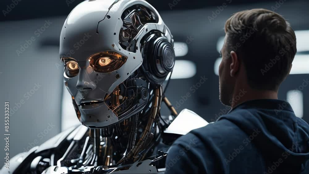Poster an ai developer beside their creation, capturing the contrast between the human creator and robot