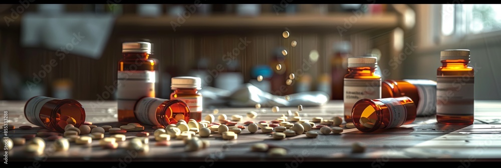 Fototapete a close-up image of multiple prescription pill bottles with their caps open, showing spilled pills o