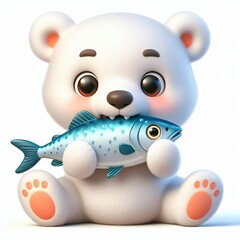 Naklejka premium cute polar bear eating fish cartoon , 3d Generative AI