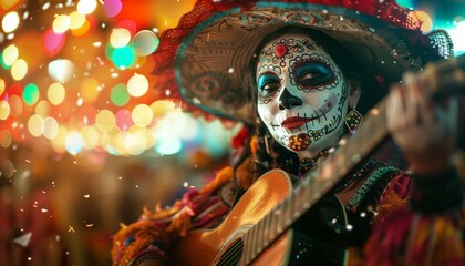 Fototapeta premium A person in Calavera makeup holds a guitar and sings the traditional Dia de Muertos song
