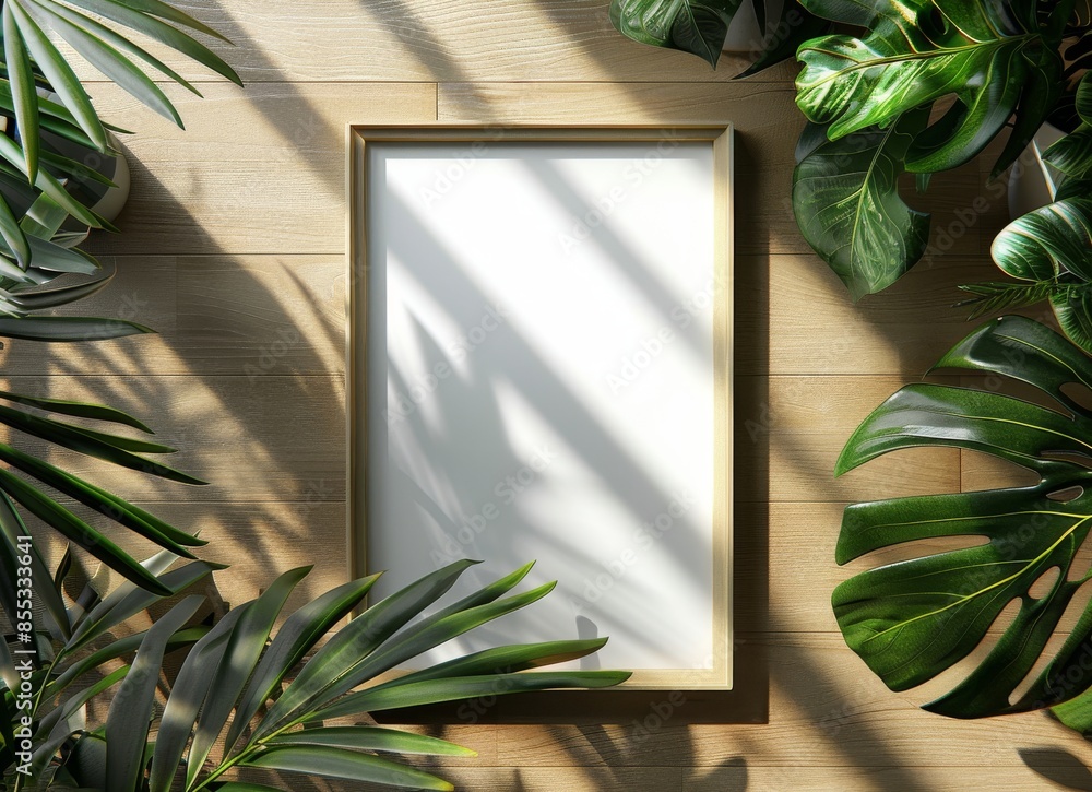 Wall mural top view background of minimalist white poster mockup surrounded by green tropical plants