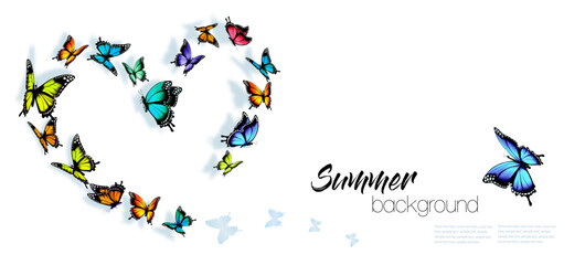 Summer nature background with a colorful butterflies collected in the shape of a heart. Vector