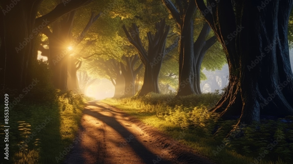 Poster enchanting forest pathway with beams of sunlight filtering through the trees, creating a mystical at
