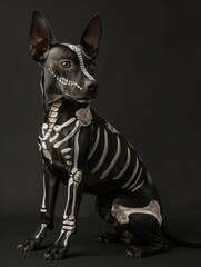 A Xoloitzcuintli dog wearing a Calavera costume with a skull decoration