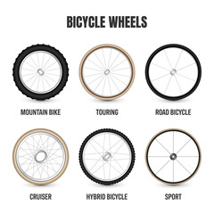 Realistic 3d bicycle wheels. Bike rubber tyres, shiny metal spokes and rims. Fitness cycle, touring, sport, road and mountain bike. Vector illustration