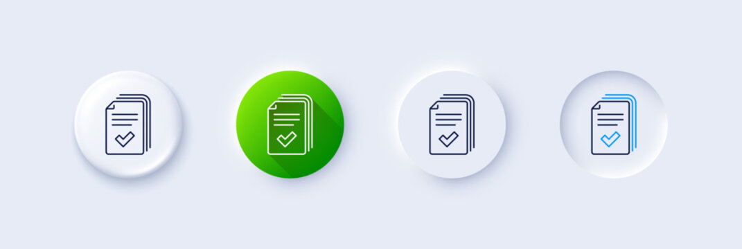 Handout line icon. Neumorphic, Green gradient, 3d pin buttons. Documents example sign. Line icons. Neumorphic buttons with outline signs. Vector