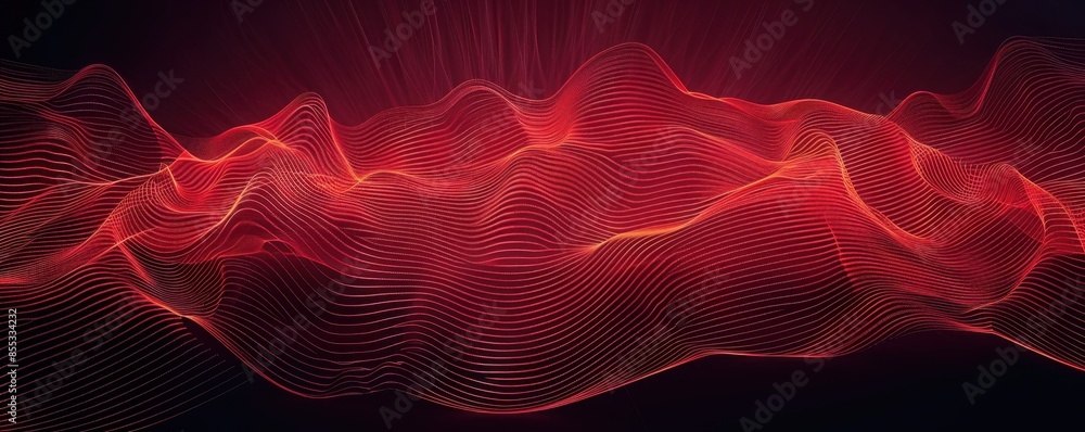 Poster red and black background with symmetrical waves, glowing lines on a dark gradient background generat