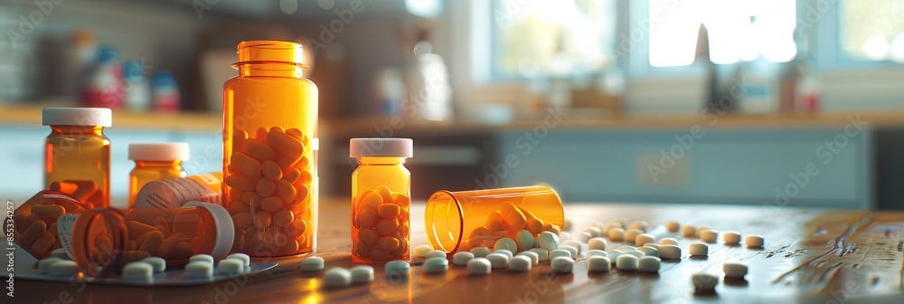 Fototapete a close-up image showing several open prescription pill bottles with various pills scattered on a ki