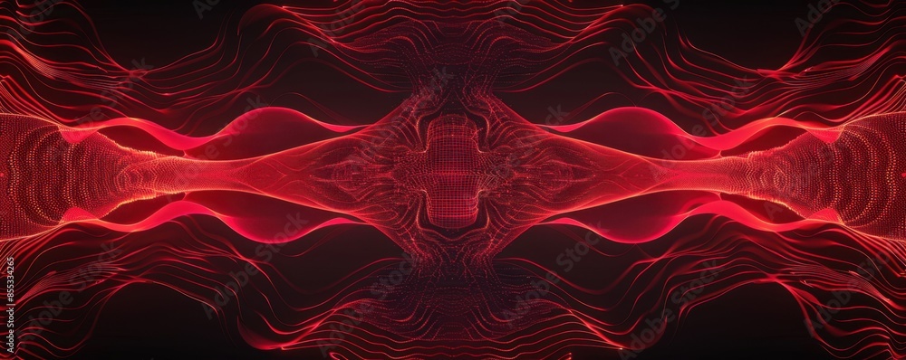 Poster Red and black background with symmetrical waves and glowing lines in a symmetrical, horizontal style Generative AI