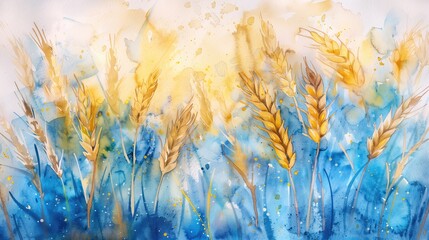 Abstract watercolor background with golden wheat and blue splashes, ideal for agricultural and harvest-themed designs. High quality illustration