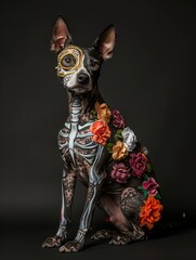 A Xoloitzcuintli dog wearing a Calavera costume with a skull decoration