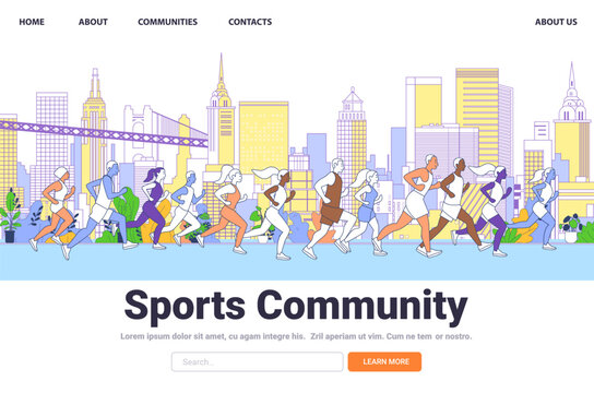 Group of diverse runners in urban cityscape colorful buildings background fitness jogging community