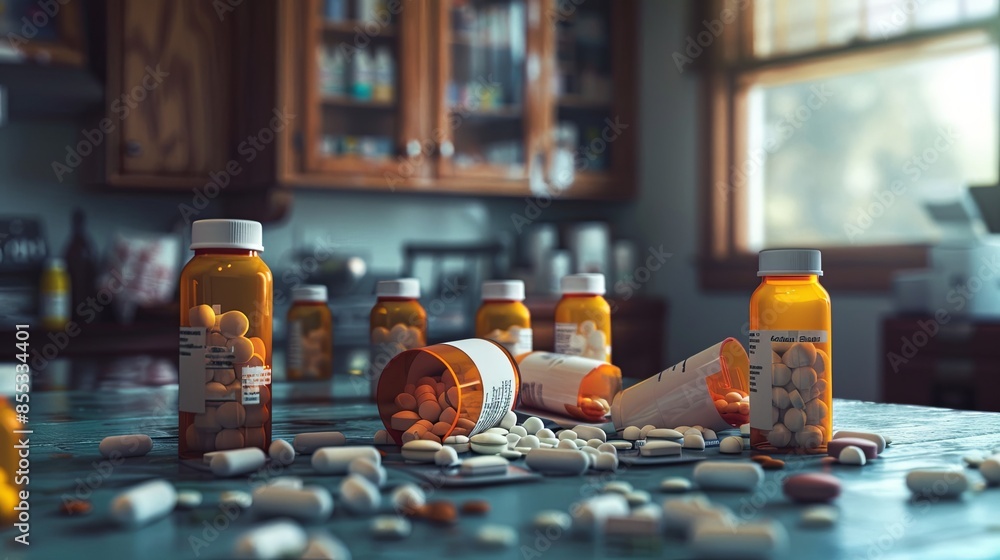 Leinwandbilder a close-up shot of scattered prescription pill bottles with their caps open and pills on a table. a 