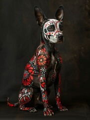 A Xoloitzcuintli dog wearing a Calavera costume with a skull decoration