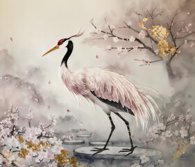 Naklejka premium Crane standing on stepping stones surrounded by cherry blossoms and golden leaves. Digital watercolor illustration. Nature and wildlife concept for design and print.