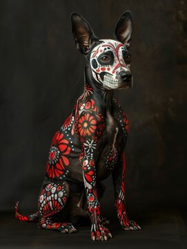 A Xoloitzcuintli dog wearing a Calavera costume with a skull decoration