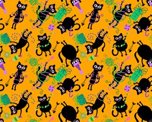 Christmas cartoon animals seamless cats and toys pattern for wrapping paper