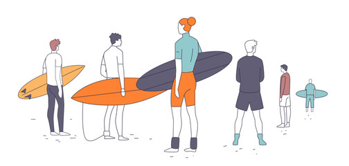 Surfers holding surfboards standing on beach minimalistic design colorful characters outdoor activity summer sport