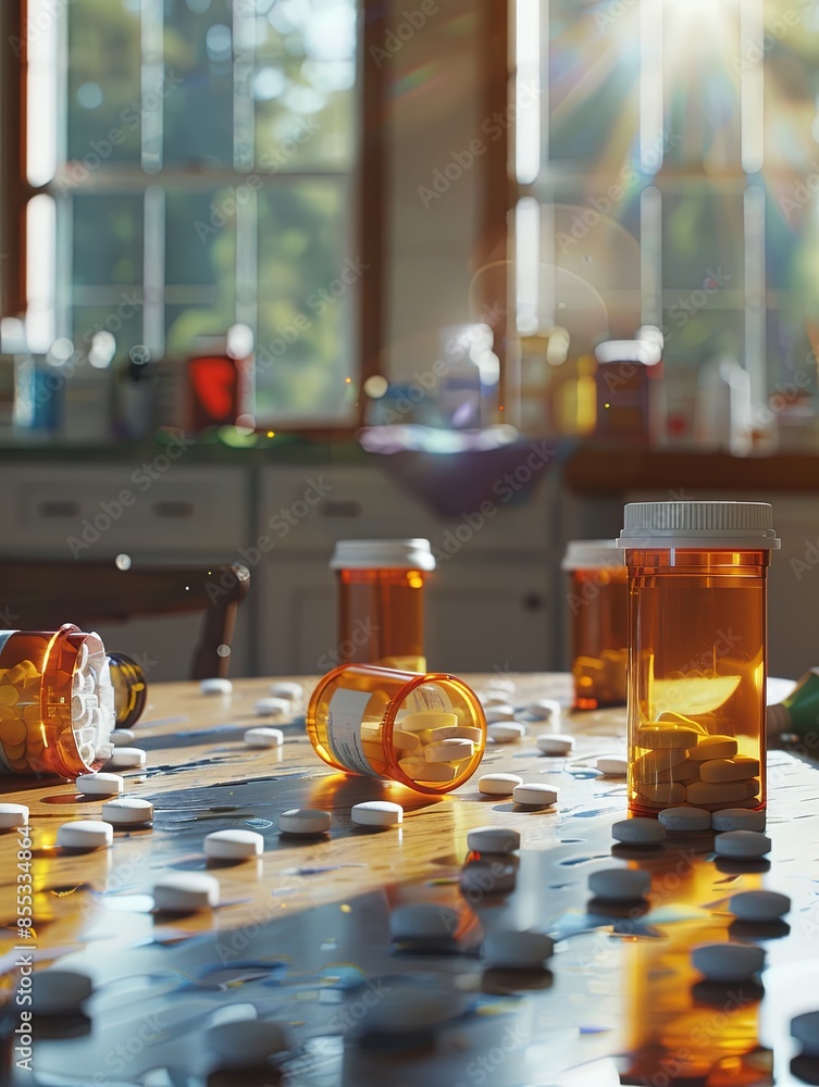 Fototapete close-up of open prescription bottles and pills scattered on table with sunlight beaming through win