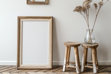 Minimalist interior with wooden stools, empty picture frame and dried flowers in a vase