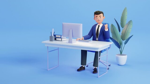Happy business man showing Yes gesture. working at the computer. 3d render character animation. Excited cheerful man celebrates his success, win, achievement, goal, victory. holding fist up, triumph