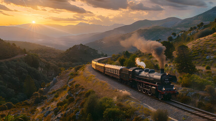 A steam train is traveling down a track through a lush green field