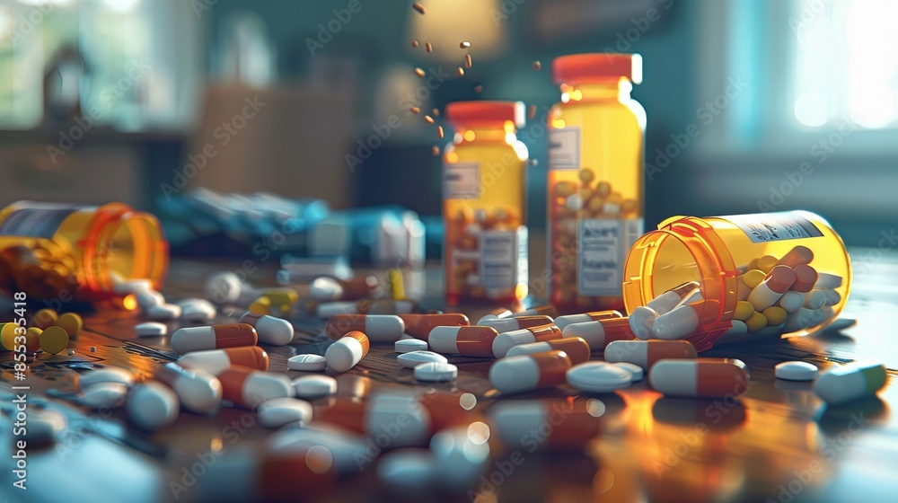 Aufkleber a close-up image of open prescription pill bottles with various pills scattered on a tabletop. gener