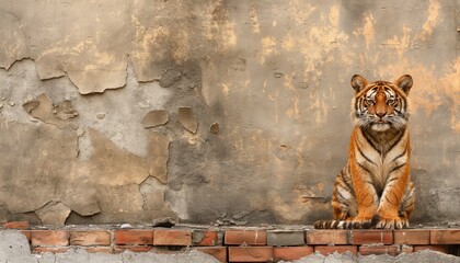 Captured in imposing stillness, a tiger sits on an ageing brick wall contrasted against a peeling wall backdrop