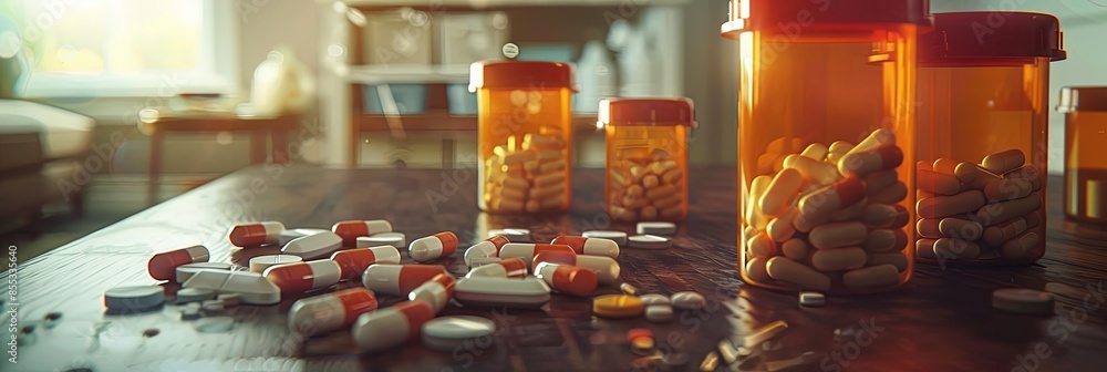 Aufkleber multiple prescription pill bottles with their caps open, and various pills scattered around on a woo