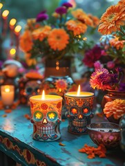 Fototapeta premium Close-up of burning candles on the altar, with light reflections on the floral decorations and sugar skulls
