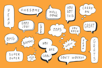 Speech bubbles doodles collection for stickers, prints, planners, stationary, clip art. speech balloons with motivational quotes. EPS 10