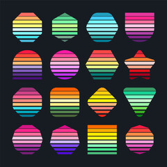 Obraz premium Vintage sunset collection. Various colorful striped sunrise badges in 80s and 90s style. Sun and ocean view, summer vibes, surfing. Design element for print, logo or t-shirt. Vector illustration