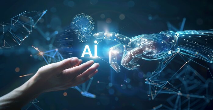 Human hand connecting with robotic hand symbolizing artificial intelligence innovation