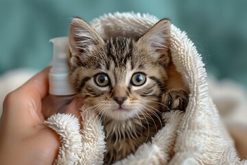 Naklejka premium Kitten wrapped in a towel after a bath