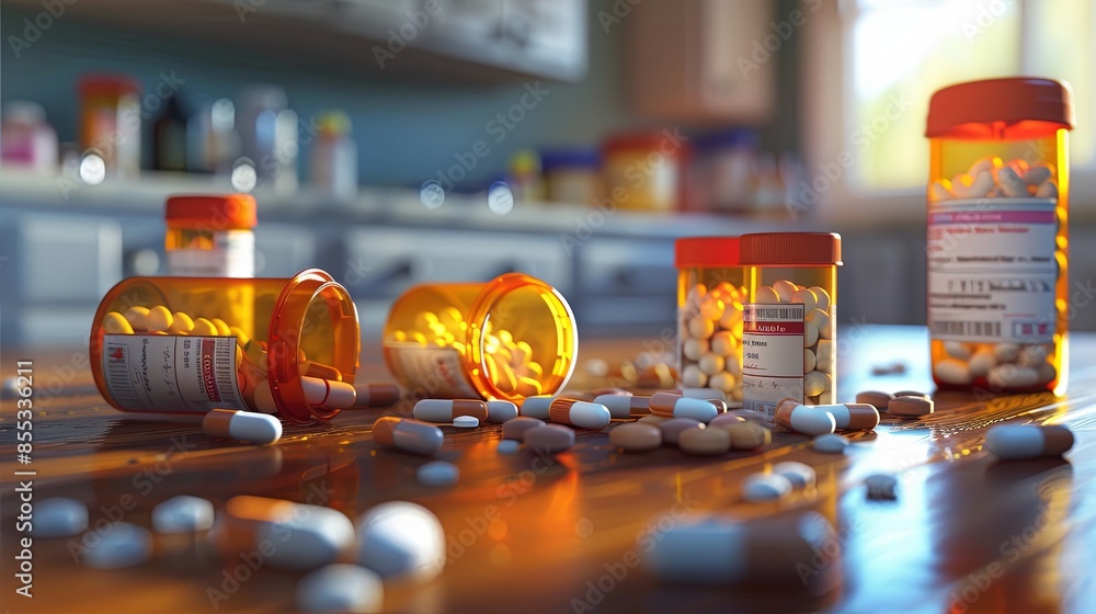 Aufkleber a close-up shot of prescription pill bottles with open lids and scattered pills on a wooden table. t