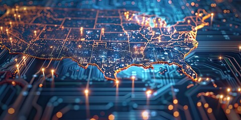 Technological background, continents from binary code. can be used in the description of technological processes, science, education. AI generated illustration