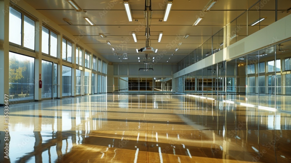 Poster a wide shot of an empty dance studio with large windows and a mirrored wall. sunlight streams throug