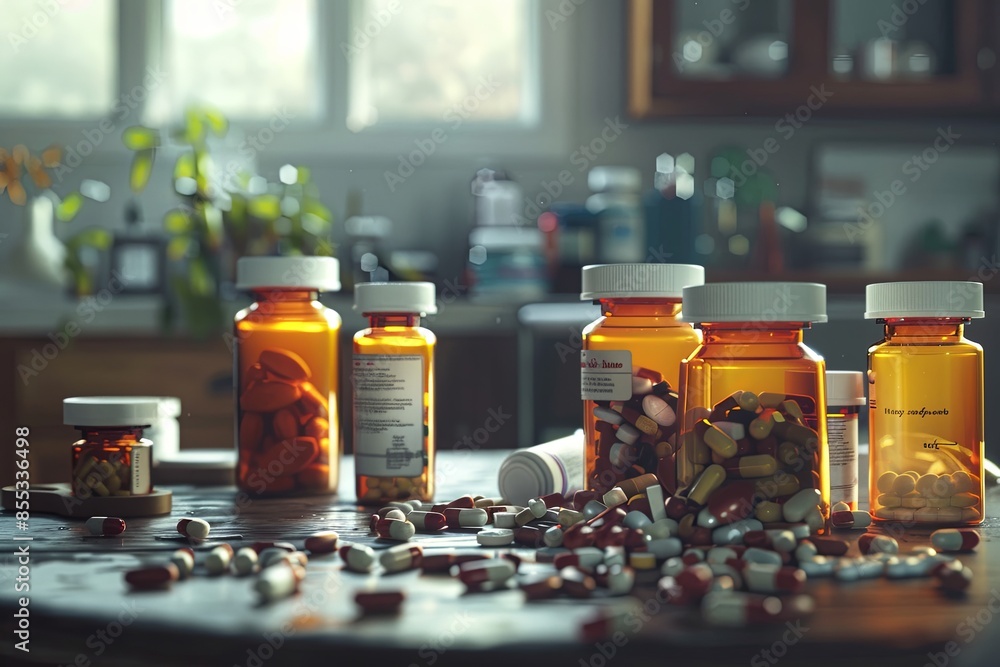 Aufkleber a close-up image of several open prescription pill bottles with pills scattered on a table, suggesti