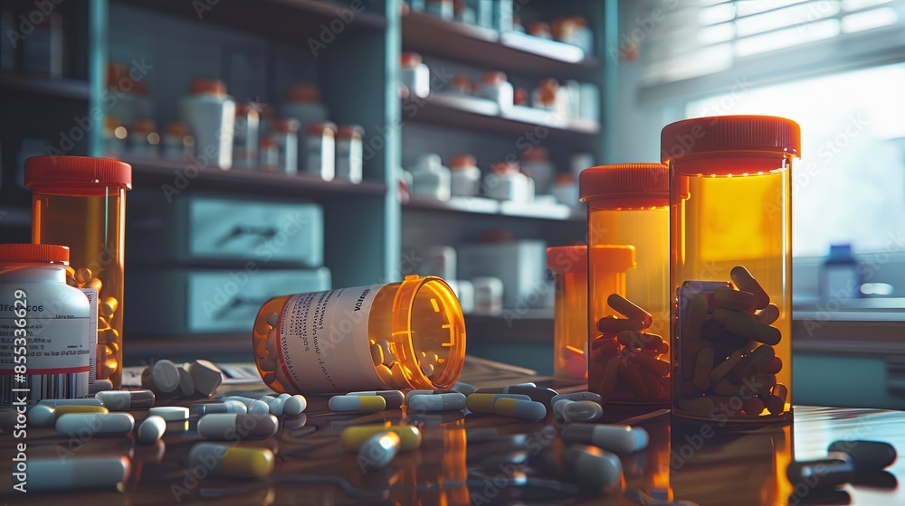 Aufkleber a close-up view of open prescription bottles with spilled pills scattered on a table. the background