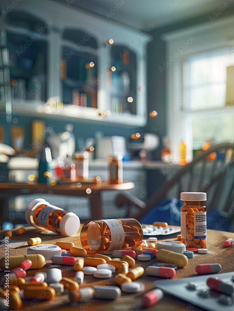 Aufkleber A scene depicting the interior of a home with multiple prescription pill bottles lying open on a wooden table, pills scattered around. Generative AI