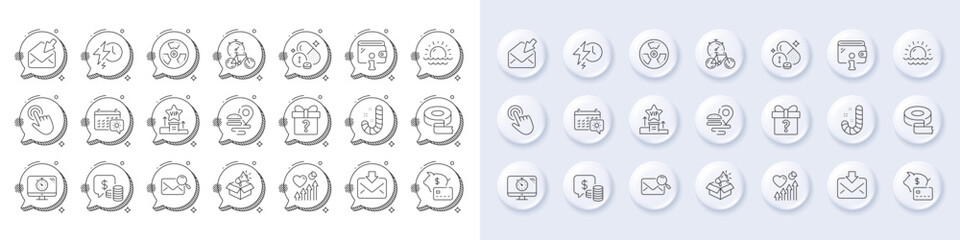 Piggy bank, Secret gift and Search mail line icons. White pin 3d buttons, chat bubbles icons. Pack of Incoming mail, Wallet, Vip podium icon. Seo timer, Cursor, Adhesive tape pictogram. Vector