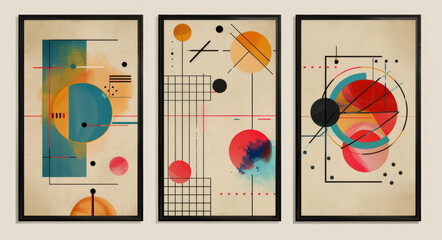 Obraz premium Abstract retro modern art set of three vertical frames on beige background with colorful geometric shapes and lines