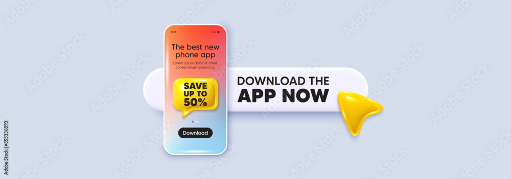Wall mural save up to 50 percent tag. download the app now. phone mockup screen. discount sale offer price sign - Wall murals