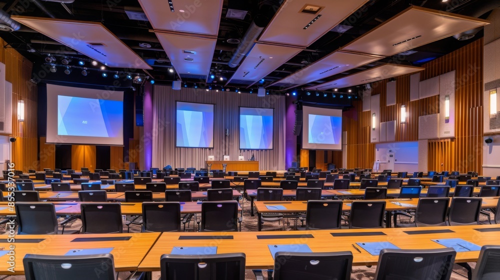 Poster a large conference room with rows of tables and chairs set up in a theater-style seating configurati