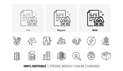 Documentation, Engineering and Wholesale goods line icons. Pack of Renewable power, Algorithm, Packing boxes icon. Brush, Energy, Parcel pictogram. Skyscraper buildings, Building warning. Vector