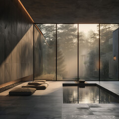 Naklejka premium dark minimalistic Interior of a country house with a swimming pool, floor-to-ceiling windows with second light. Sunset rays enter the room. Outside the window is a foggy summer forest.