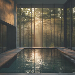 dark minimalistic Interior of a country house with a swimming pool, floor-to-ceiling windows with second light. Sunset rays enter the room. Outside the window is a foggy summer forest.