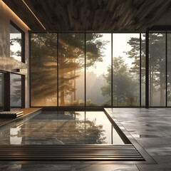 dark minimalistic Interior of a country house with a swimming pool, floor-to-ceiling windows with second light. Sunset rays enter the room. Outside the window is a foggy summer forest.
