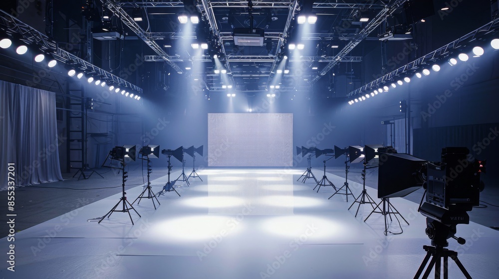 Poster a well-lit studio set with a white backdrop and multiple lights. a camera on a tripod is positioned 